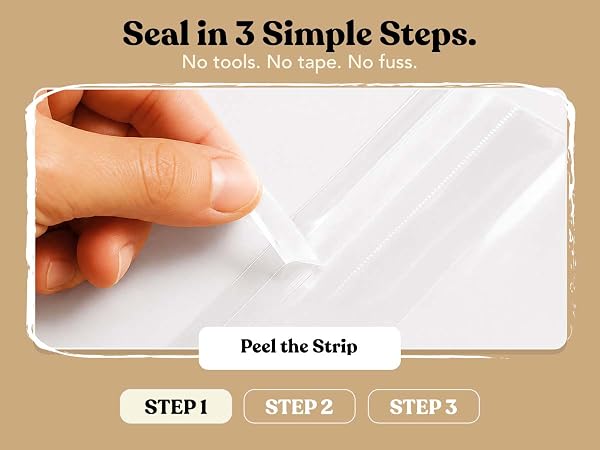 Step 1, peel the strip: fingers removing the adhesive liner from a clear self-seal cello bag