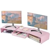 LEKETREE Dual Monitor Stand Riser with Drawer, Desk Organizer and Accessories, Pink Monitor Stand...