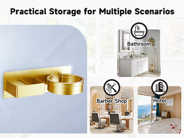 Text reads 'Practical Storage for Multiple Scenarios'. Collection of modern bathroom and storage spaces showing white and gold organizational solutions and fixtures.