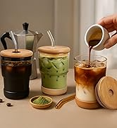 Zukro 13oz/400ml Glass Iced Coffee Cup with Bamboo Lid and Straw, Rubber Base, Reusable Thick Wal...