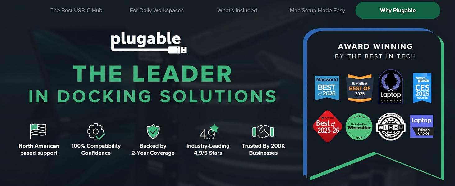 usb c hub multiport adapter graphic with Plugable leader text awards 4.9 stars and support icons