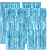 4 Pack Party Decorations, 3.28 FT x 7.05 FT Blue Foil Streamers, Metallic Sky Blue Backdrop Fring...