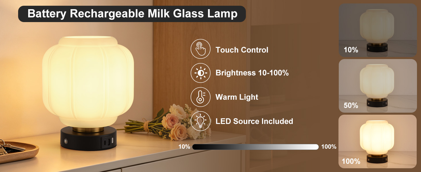 Rechargeable Table Lamp Cordless Milk Glass Bedside Lamp Small white and black
