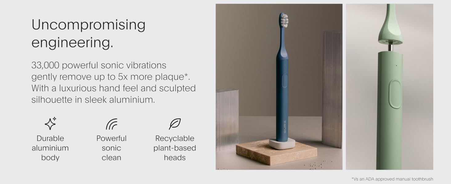 Text reads 'Uncompromising engineering.' with product details and icons. Shows black vertical device on wooden stand and green hanging device with product specifications listed.