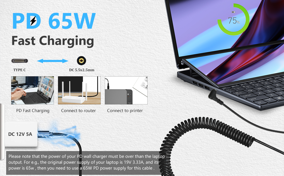 aptop Charging Cable PD Line Type C to DC 5.5x2.5mm Notebook Charging Cable for Laptop 12V