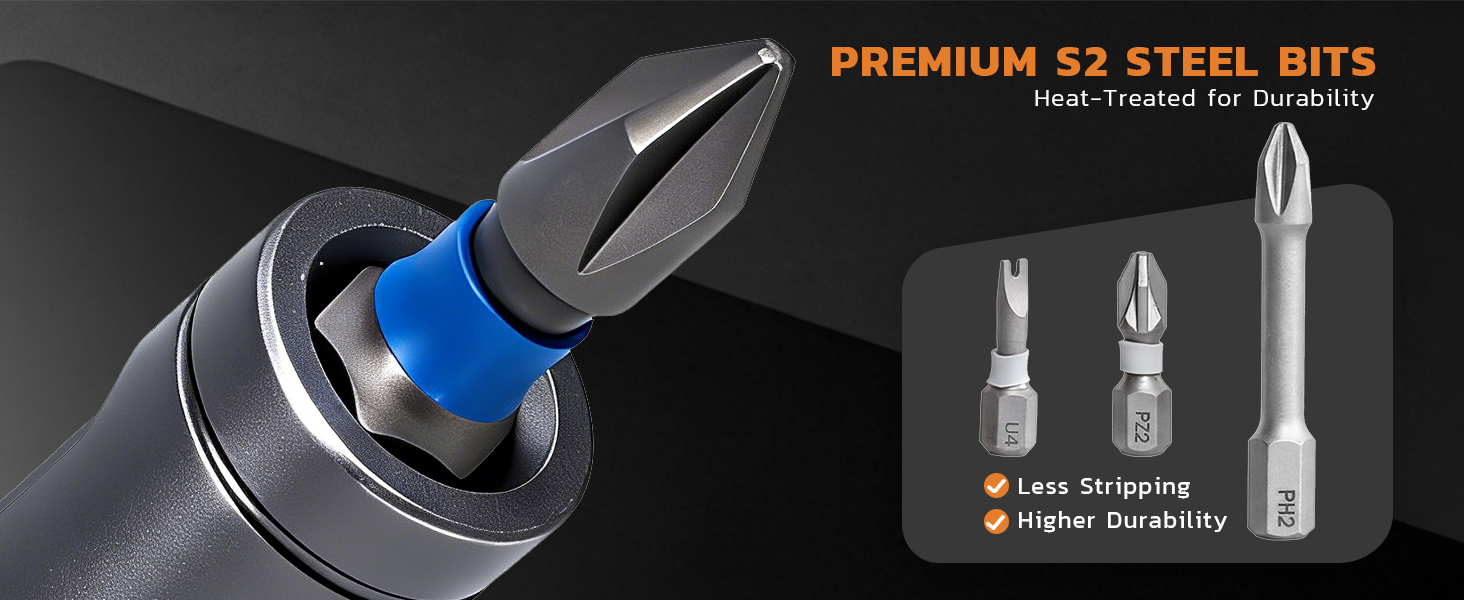 Heat-treated S2 steel bits resist stripping and deliver lasting durability.