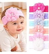 XIMA Baby Girl Headbands with Large Chiffon Flower and Pearl, Soft Elastic Hair Accessories for N...