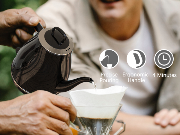 precise pouring, ergonomic handle, 4 minutes to boil a pot of water