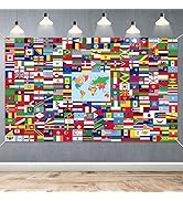 World Flag Banner, 5x3ft Fabric Country Flags Backdrop International Flags Banner Backdrop with G...