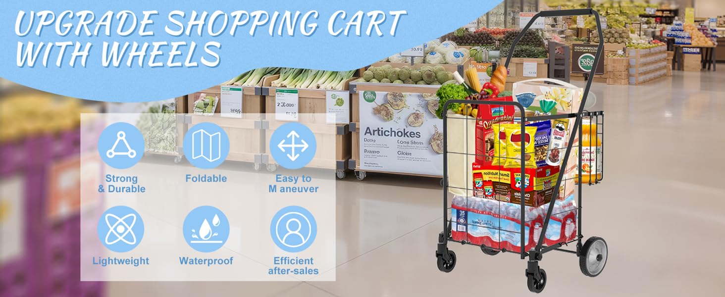 JIALIJIU Folding Grocery Cart on Wheels - Waterproof Bag Included