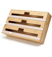 Rae Dunn 3 in 1 Wrap Organizer with Cutter, Plastic Wrap, Aluminum Foil and Wax Bamboo Dispenser ...