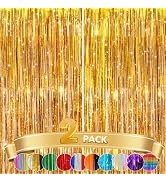 2 Pack Gold Metallic Tinsel Foil Fringe Curtains, Door Streamers Photo Booth Backdrop for Birthda...