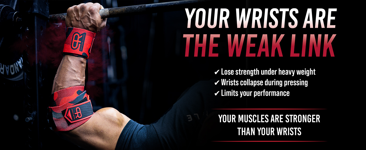 Athlete wearing black wrist wraps gripping barbell with text highlighting strength and support