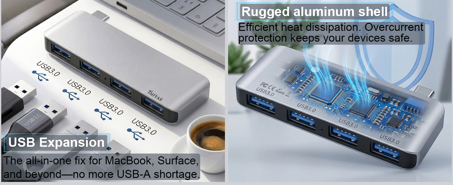USB C Splitter with USB 3.0 Port, Portability, Compact size and no tangled cables,trips & travel.