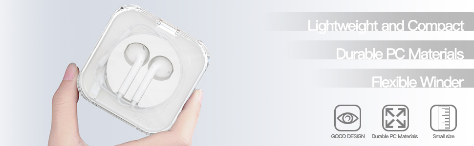 White earbuds in compact square packaging with connectivity icons displayed below for device compatibility.