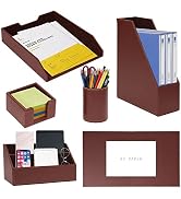 6 Piece Office Supplies/Desk Organizer Set with Desktop Leather Writing Pad,File Paper Tray,Magaz...