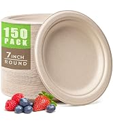 Gezond 100% Compostable Paper Plates 7 Inch, 150pcs Disposable Heavy-Duty Plates Unbleached Biode...