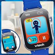 Close ups of DX4 watch show activity screens that encourage children to keep moving.