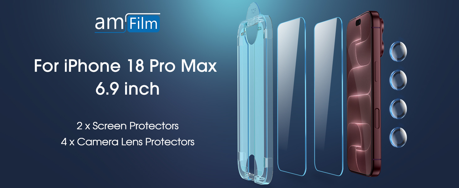 Text reads 'amifilm For iPhone 18 Pro Max 6.9 inch 2 x Screen Protectors 4 x Camera Lens Protections'. Product display showing protective films in multiple colors: clear, blue, and burgundy.