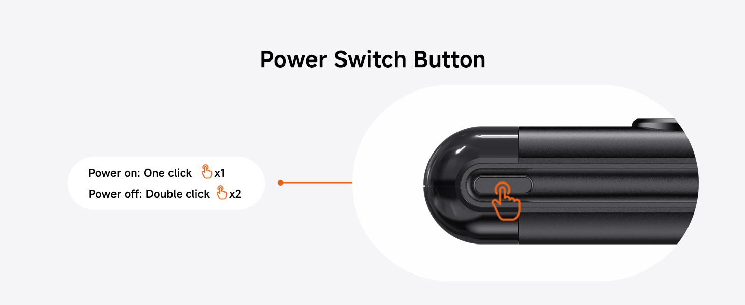 Close-up of a black power switch button on an electronic device. Diagram shows different states: 'Power on' (blue dot), 'Power off' (orange dot).