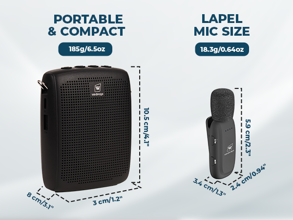 Text reads 'PORTABLE & COMPACT' and 'LAPEL MIC SIZE'. Product comparison showing dimensions of two black audio devices with measurements.