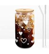 DAMCONME Glass Tumbler with Lid and Straw, 16 oz Heart Iced Coffee Cup with Bamboo Lid, Aesthetic...