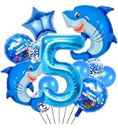 40 Inch 5 Balloon Number, Cute Blue Shark Balloons, Giant Foil Number 5 Balloons for Anniversary ...