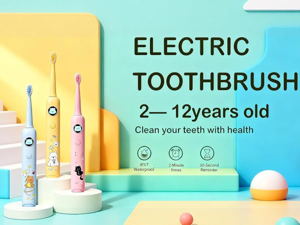 Text reads 'ELECTRIC TOOTHBRUSH' and '2-12 years old' 'Clean your teeth with health'. Product images show electric toothbrush components and features on turquoise background.
