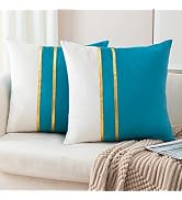 ZLINA Set of 2 Velvet Decorative Throw Pillow Covers Lake Blue White Patchwork with Gold Leather ...