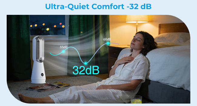 Text reads 'Ultra-Quiet Comfort -32 dB'. Split image showing sound level indicator and person resting in bed with device nearby.