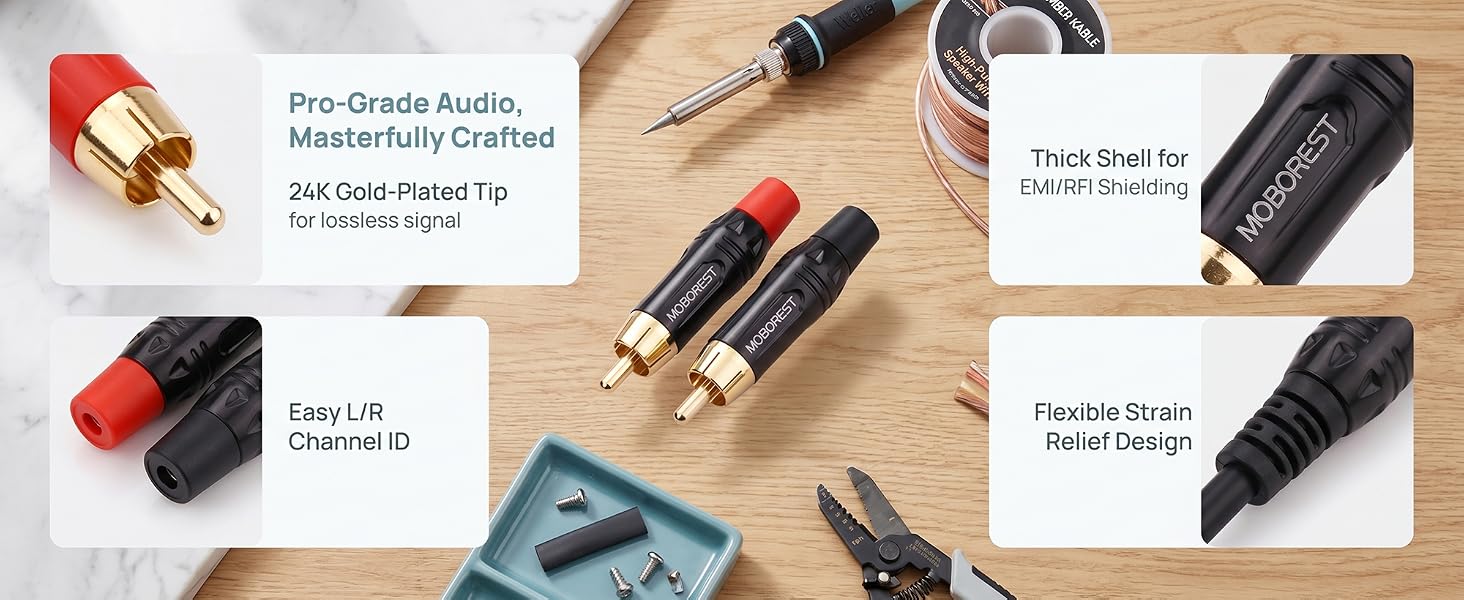 RCA Male Plug Adapter Audio Phono Gold Plated Solder 24K Gold-Plated Phono Jack Adapter