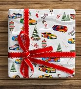 ZINTBIAL Race Car Christmas Wrapping Paper - Xmas Gift Wrap with Holiday Trees, Gingerbread Men, ...