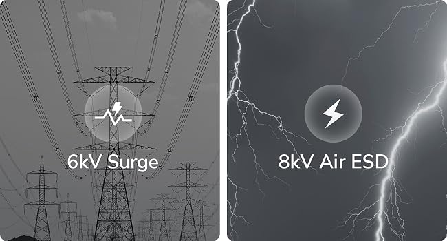 Text reads '6kV Surge' and '8kV Air ESD'. Series of black and white images showing electrical transmission towers and lightning strikes against dark sky.