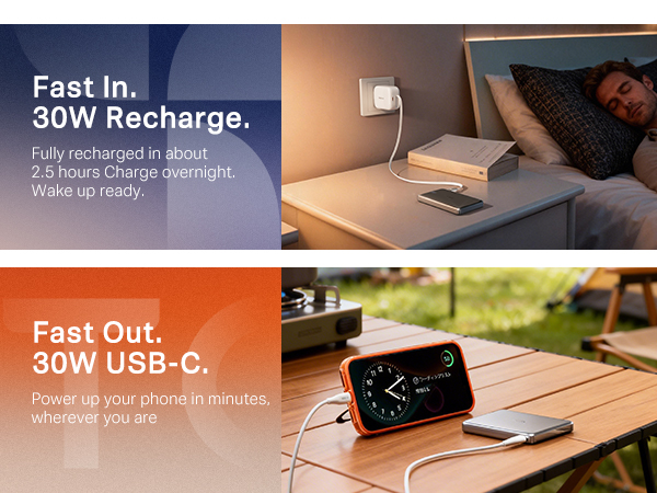 Power bank charging devices with 30W USB C and 15W wireless charging
