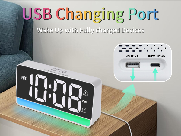 The alarm clock has a USB charging port to power your other devices.