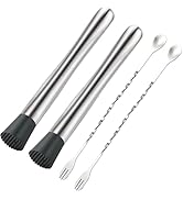 4Pcs 10'' Muddler and Spoon Set for Cocktails 304 Stainless Steel Fruit Smasher Home Bar Bartende...