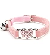 Pink Heart Bling Cat Collar with Safety Belt and Bell Adjustable 8-10 inches for Kitten Cats Quic...