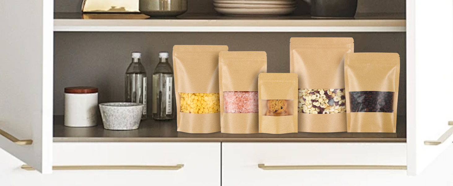 Stand up kraft paper bag with window containing corn flakes, cookies, coffee beans, cereal