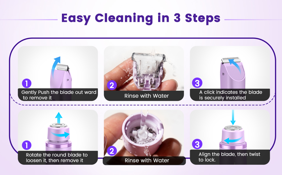 Easy cleaning steps for a women’s electric trimmer with removable and washable blades.
