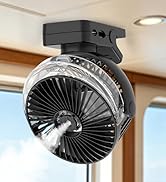 Black motorized clip fan with ribbed circular fan head mounted on beige ceiling, featuring adjustable bracket and cord visible in indoor ceiling setting.