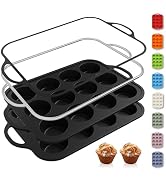2 Packs 12 Cups Silicone Muffin Pan with Metal Reinforced Frame Regular Size Cupcake Tray Egg Mol...