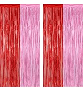 2 Pack Backdrop Curtains, 3.28 Feet x 7.05 Feet Red Pink Backdrop, Metallic Fringe Curtains Tinse...