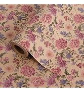 RayofSun Kraft Floral Wrapping Paper Roll 17 in x 32 ft Mini Roll Vintage Wildflower Pink Flower ...