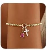 Birthstone Gold Beaded Bracelets for Women Trendy Dainty Charm Cross Bracelet Stack 14K Gold Plat...