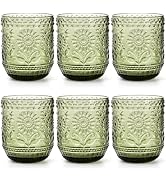 Hacaroa Set of 6 Vintage Drinking Glasses, 12 Oz Green Colored Glassware Floral Embossed Water Gl...