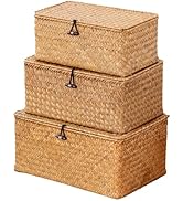 NONAM Handwoven Natural Seagrass Bin with Lid, Shelf Baskets Multipurpose Container for Decoratio...