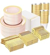 GATHER 700PCS Pink Plastic Plates - Gold Rim Disposable Plastic Dinnerware Set Include 200 Pink P...