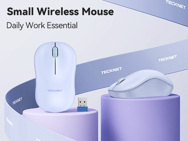 Text reads 'Small Wireless Mouse' and 'Daily Work Essential'. White wireless computer mouse shown from multiple angles on light purple background with minimal styling.