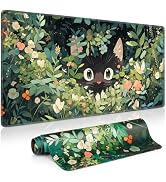 Anime Cat Mouse Pad Green Desk Mat, Kawaii XXL Large Mouse Pad Keyboard with Stitched Edges Non-S...