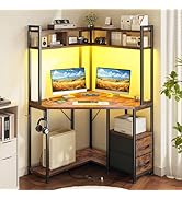 DurayLoly 35.4" W x 63" H Corner Desk with Hutch & LED Lights, Triangle Corner Desk and Computer ...